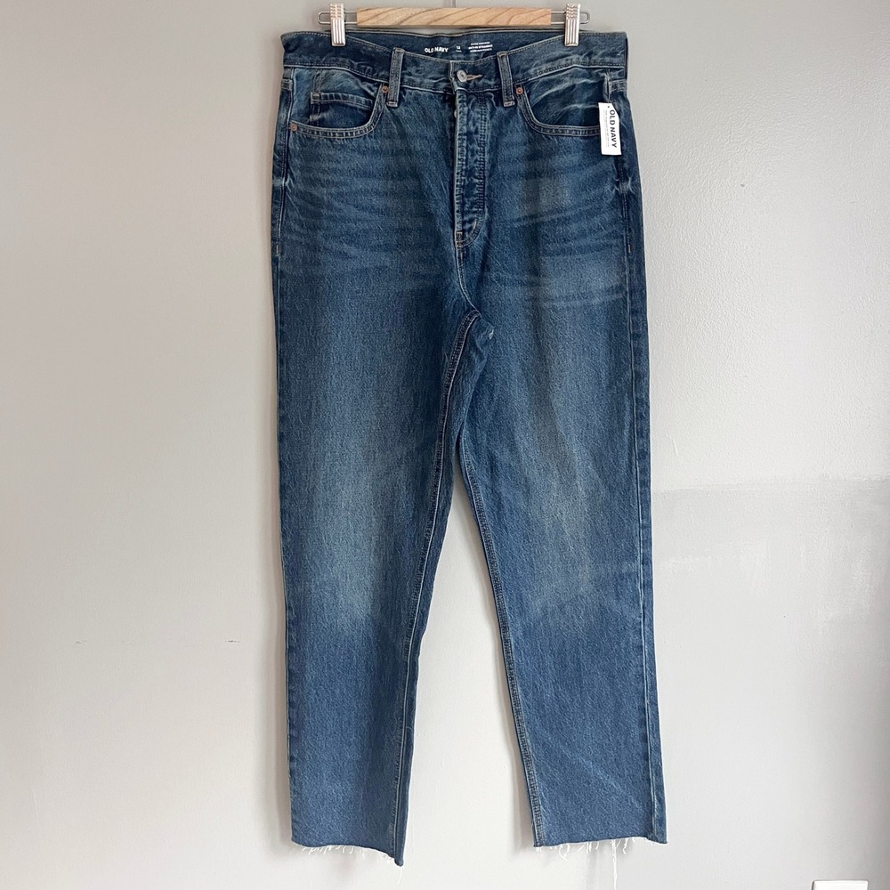 Old Navy Sky-Hi Straight Extra High-Rise Raw Hem Button Fly Jeans Blue 12 Tall